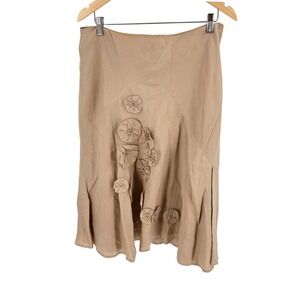 Vintage S.L.B. Linen Floral Applique Skirt Tan 14 Boho Cottagecore Natural Fiber